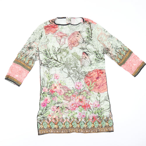 Alkaram Studio Womens Green Floral Polyester Tunic T-Shirt Size XS Round Neck