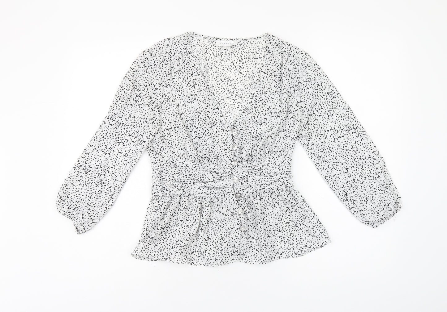 Topshop Womens White Geometric Polyester Basic Button-Up Size 8 V-Neck