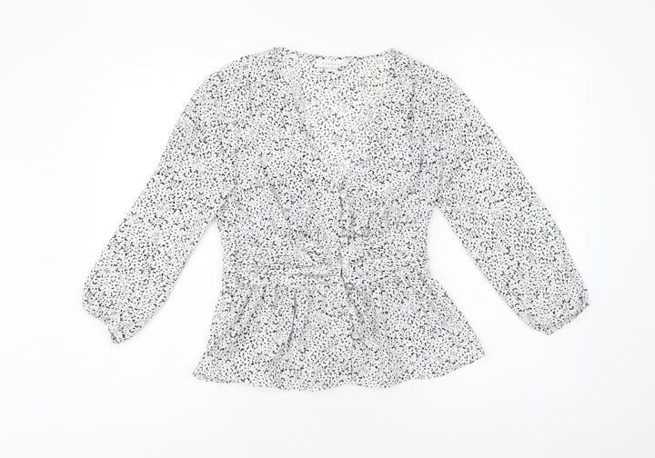 Topshop Womens White Geometric Polyester Basic Button-Up Size 8 V-Neck