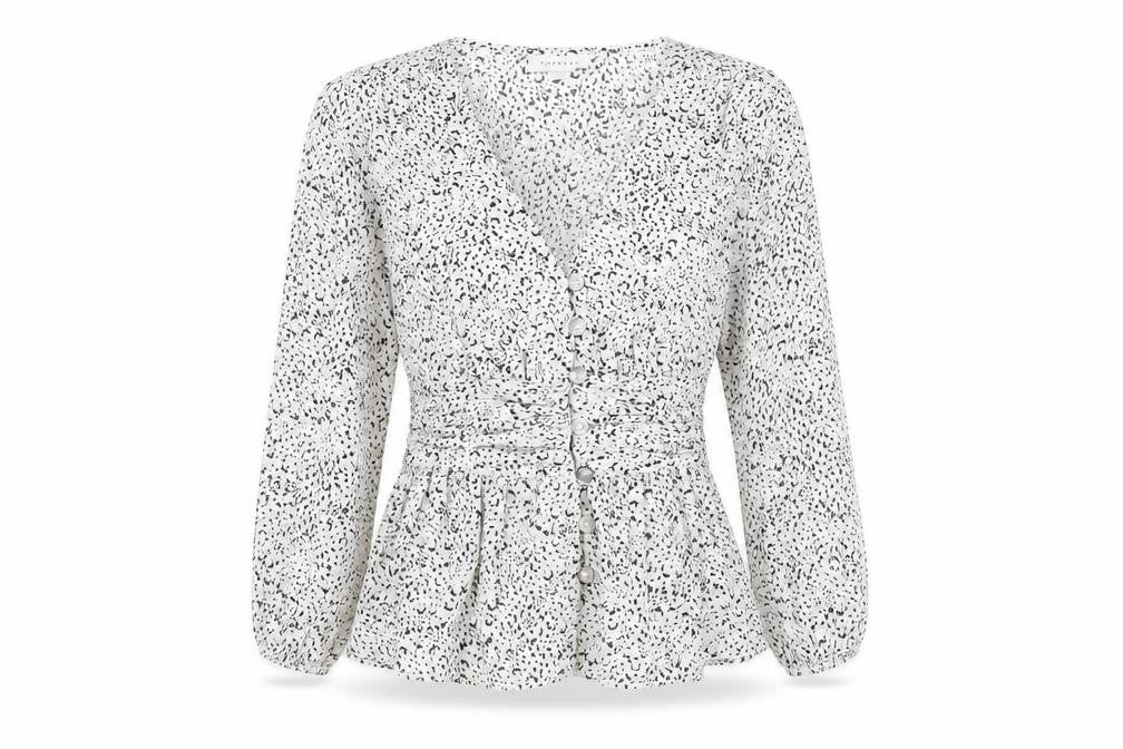 Front view of Topshop women’s white geometric polyester basic button-up, size UK 8, v-neck