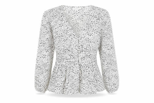 Front view of Topshop women’s white geometric polyester basic button-up, size UK 8, v-neck
