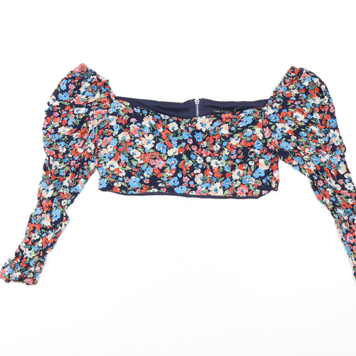 I SAW IT FIRST Womens Blue Floral Polyester Cropped T-Shirt Size 12 Square Neck