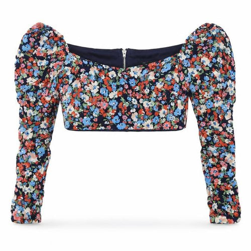 I SAW IT FIRST Womens Blue Floral Polyester Cropped T-Shirt Size 12 Square Neck