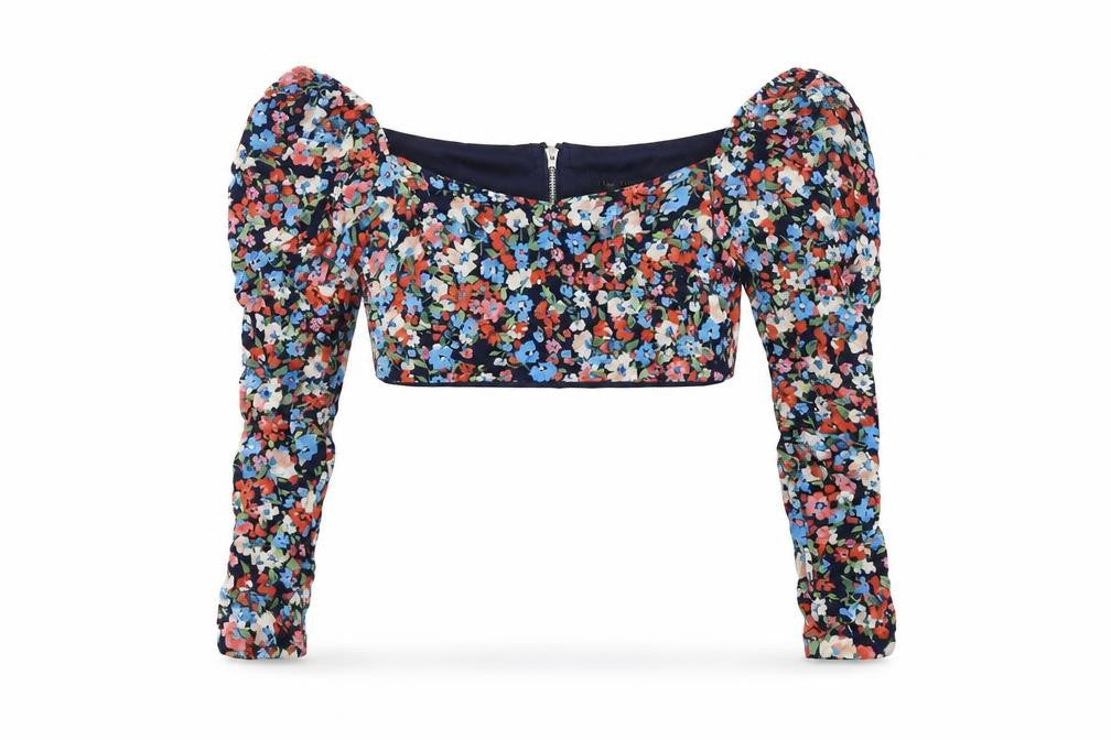 I SAW IT FIRST Womens Blue Floral Polyester Cropped T-Shirt Size 12 Square Neck