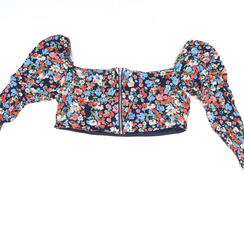 I SAW IT FIRST Womens Blue Floral Polyester Cropped T-Shirt Size 12 Square Neck