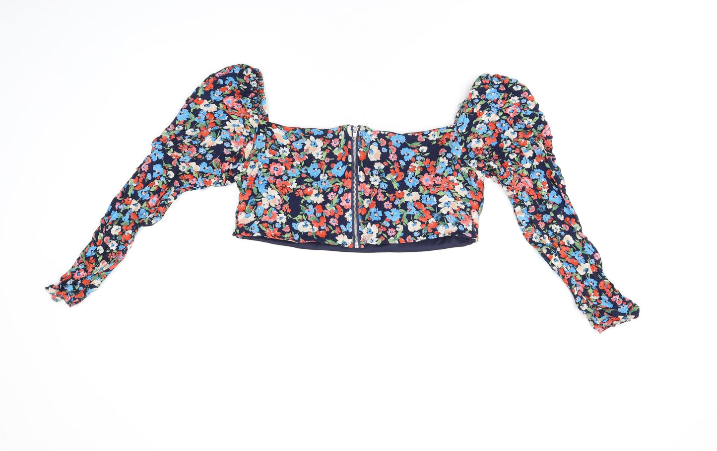 I SAW IT FIRST Womens Blue Floral Polyester Cropped T-Shirt Size 12 Square Neck