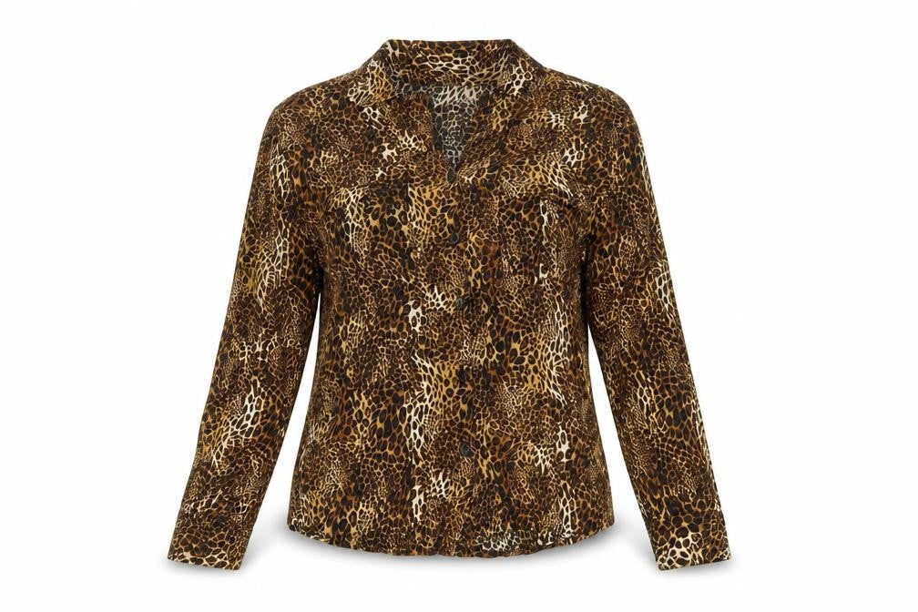 Front view of Apricot women’s brown animal print viscose basic button-up, size UK 12, collared - leopard print