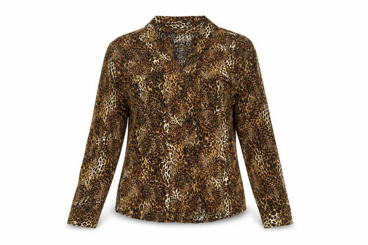 Front view of Apricot women’s brown animal print viscose basic button-up, size UK 12, collared - leopard print