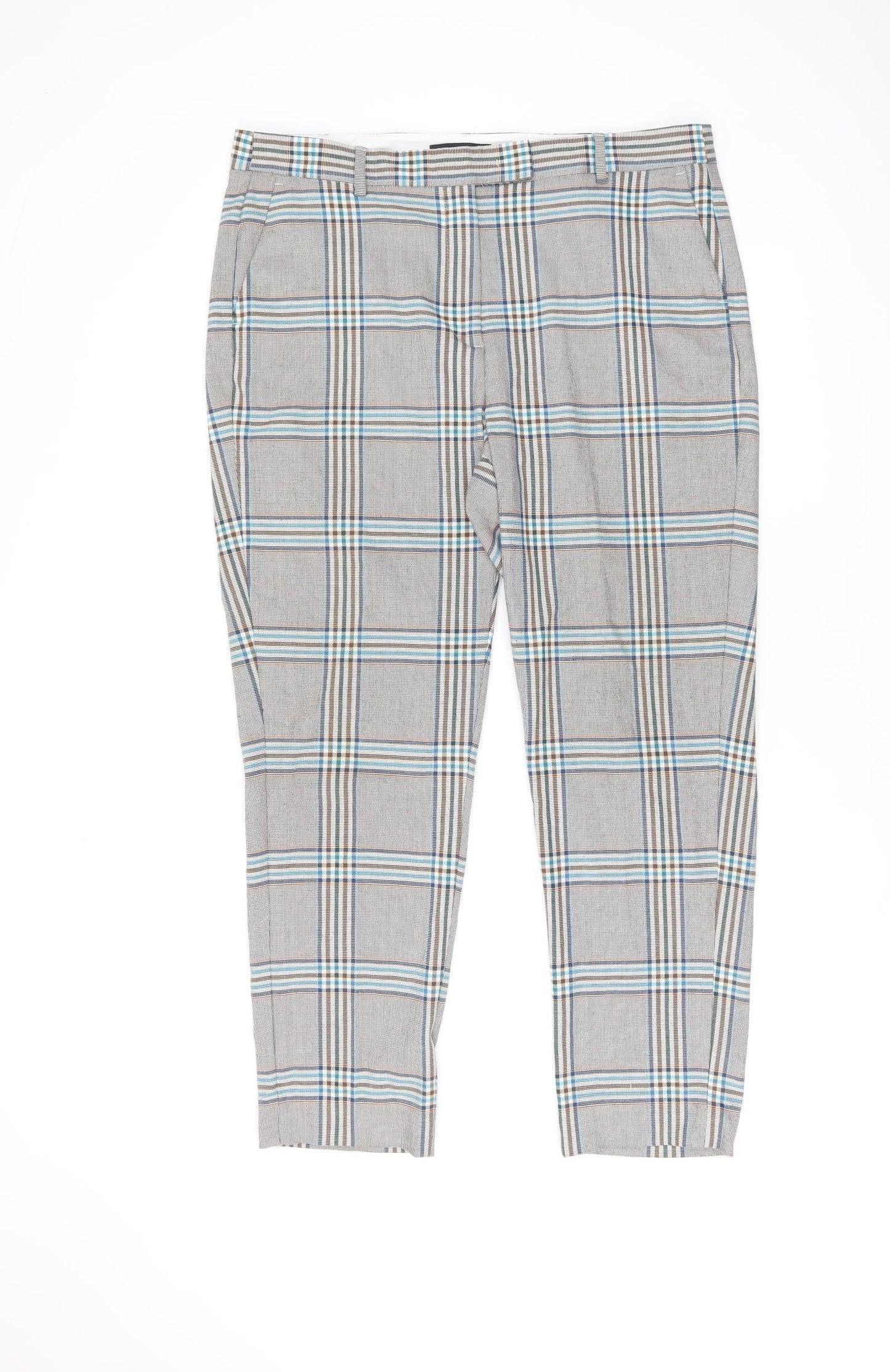 Marks and Spencer Womens Brown Plaid Polyester Trousers Size 16 L27 in Regular Zip