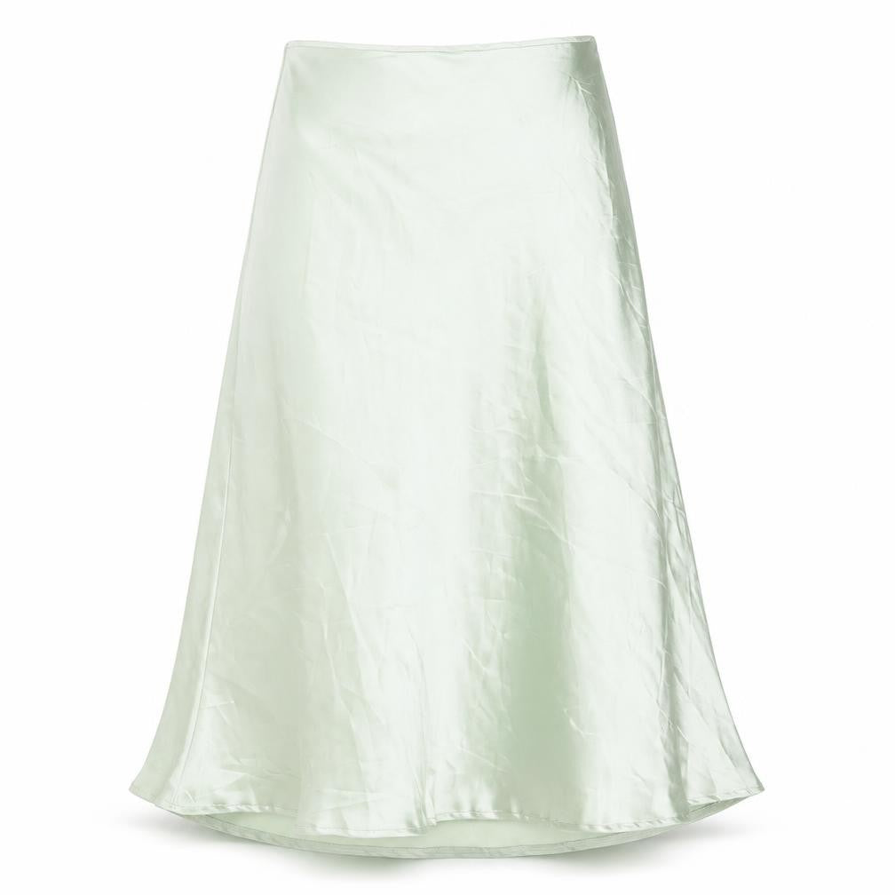 Front view of Flounce women’s green polyester flare skirt, size UK 6, zip