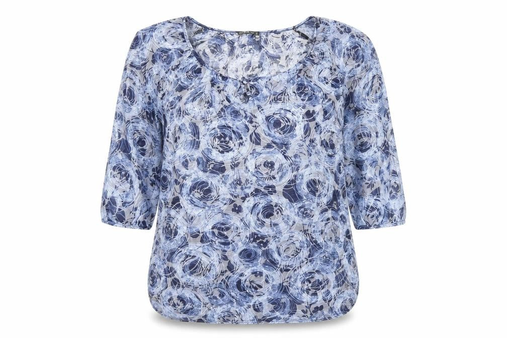 Front view of CMD women’s blue geometric polyester basic t-shirt, size UK 16, scoop neck