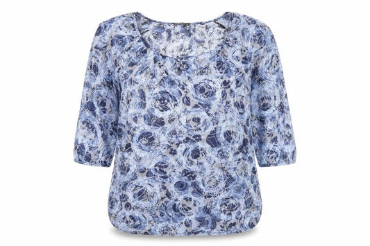 Front view of CMD women’s blue geometric polyester basic t-shirt, size UK 16, scoop neck