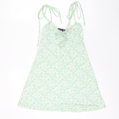 Boohoo Womens Green Floral Polyester Mini Size 8 V-Neck Tie