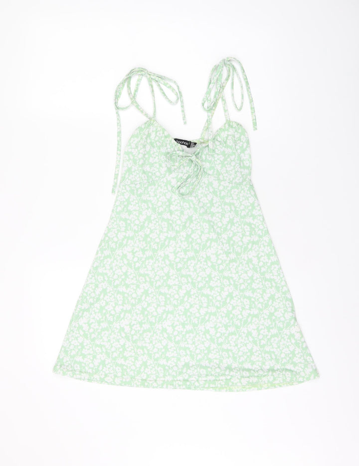 Boohoo Womens Green Floral Polyester Mini Size 8 V-Neck Tie