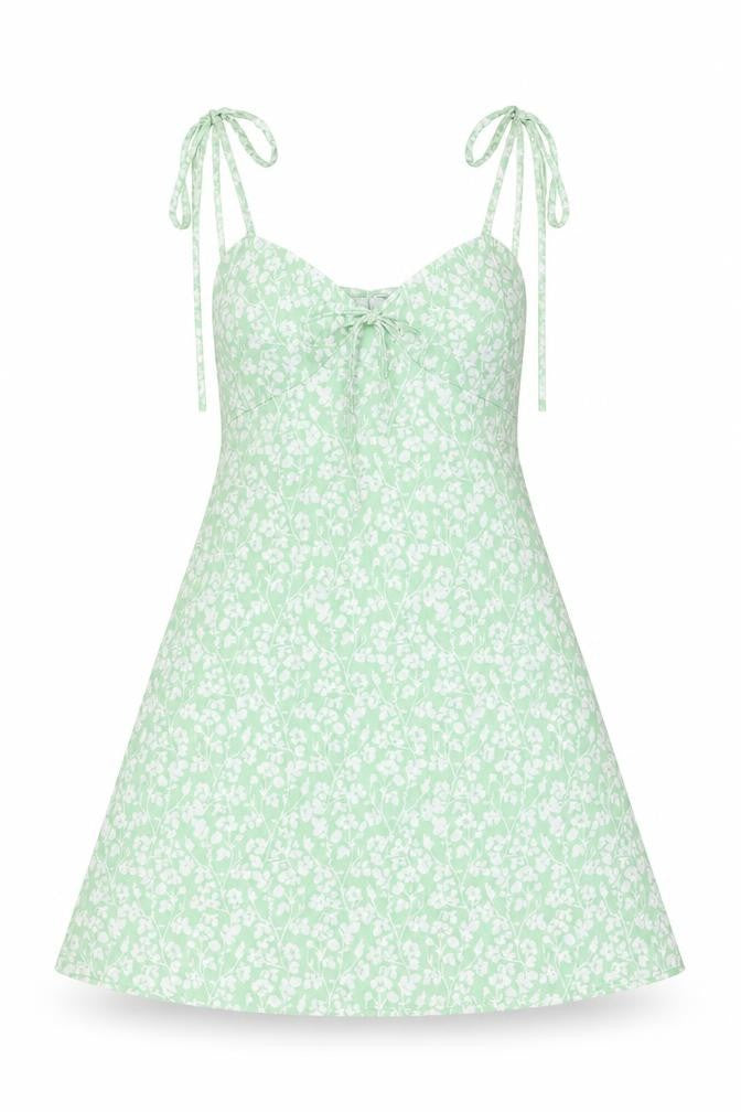 Front view of Boohoo women’s green floral polyester mini, size UK 8, v-neck tie