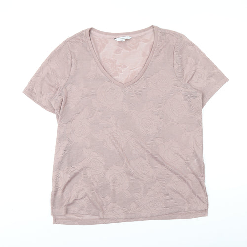 NEXT Womens Pink Floral Polyester Basic T-Shirt Size 14 V-Neck