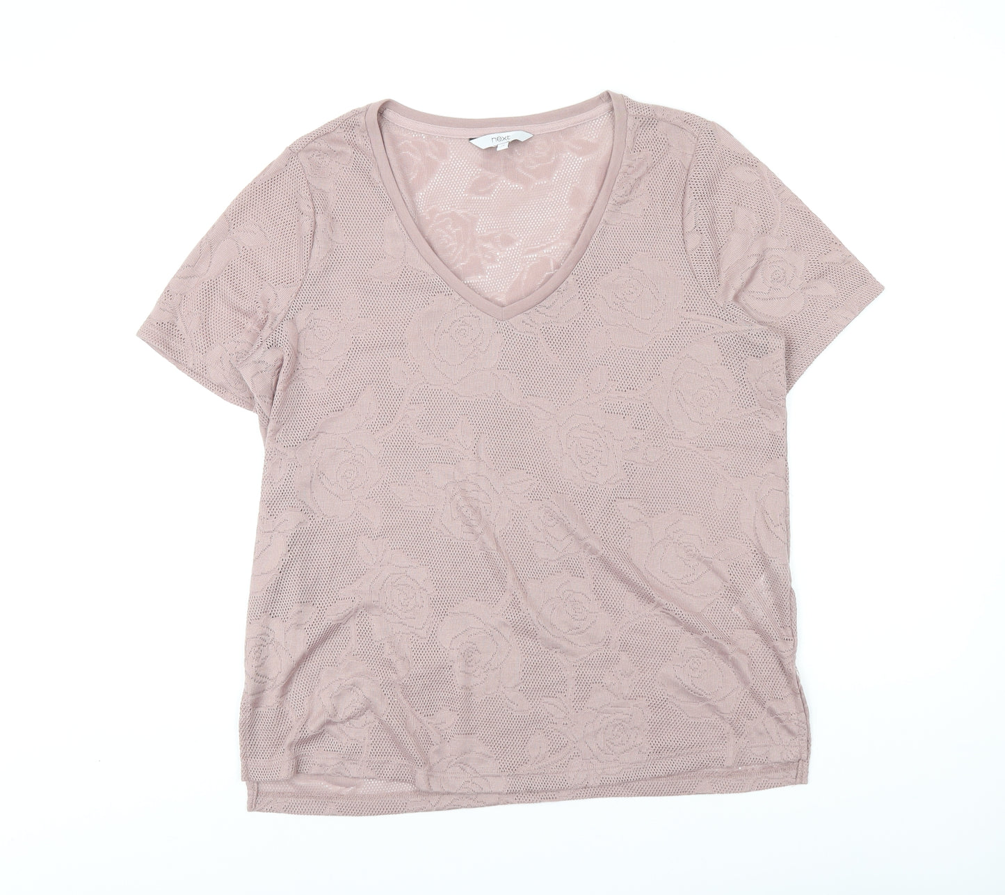 NEXT Womens Pink Floral Polyester Basic T-Shirt Size 14 V-Neck