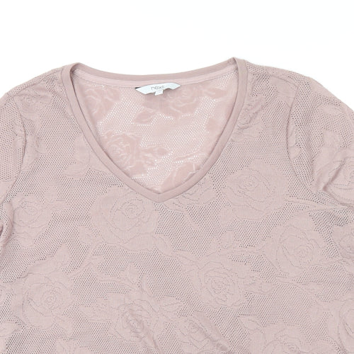NEXT Womens Pink Floral Polyester Basic T-Shirt Size 14 V-Neck