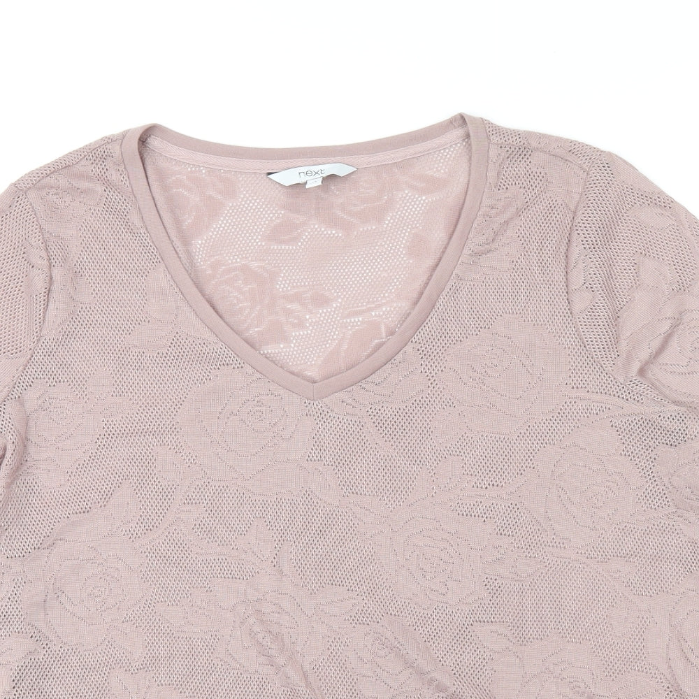 NEXT Womens Pink Floral Polyester Basic T-Shirt Size 14 V-Neck