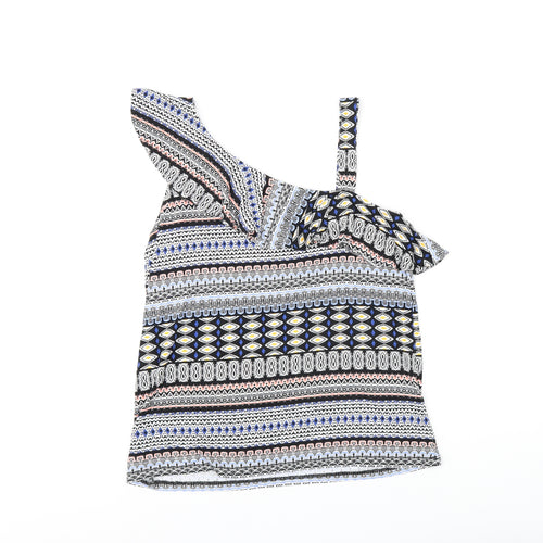Oasis Womens Multicoloured Geometric Viscose Basic T-Shirt Size S One Shoulder - Frill Detail