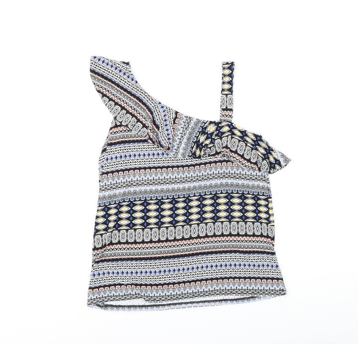 Oasis Womens Multicoloured Geometric Viscose Basic T-Shirt Size S One Shoulder - Frill Detail