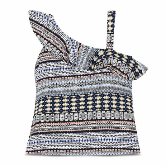 Front view of Oasis women’s multicoloured geometric viscose basic t-shirt, size S, one shoulder - frill detail