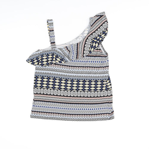 Oasis Womens Multicoloured Geometric Viscose Basic T-Shirt Size S One Shoulder - Frill Detail