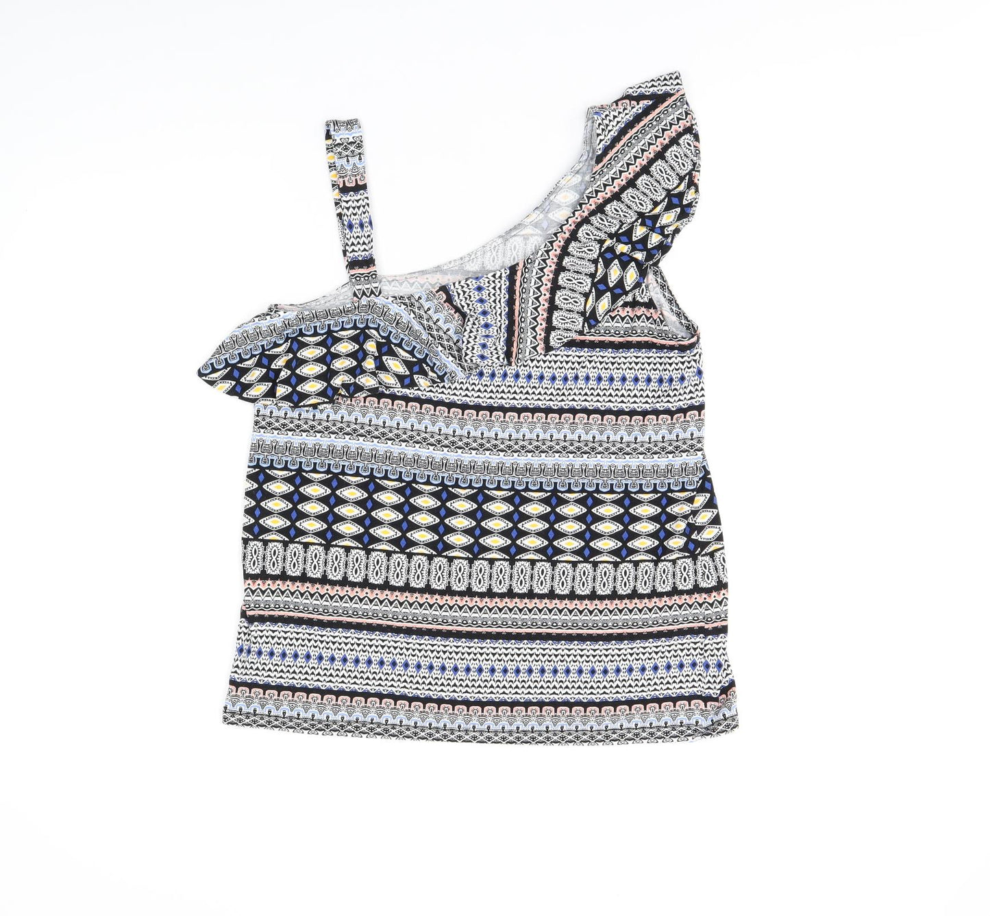 Oasis Womens Multicoloured Geometric Viscose Basic T-Shirt Size S One Shoulder - Frill Detail