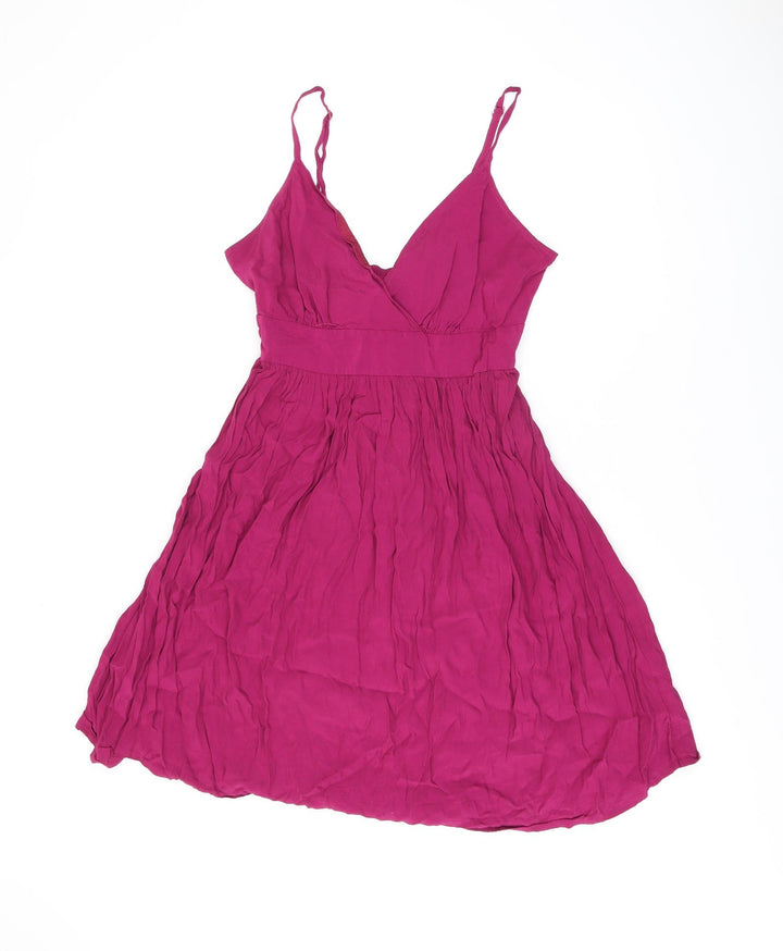 Topshop Womens Pink Viscose Skater Dress Size 14 V-Neck Tie