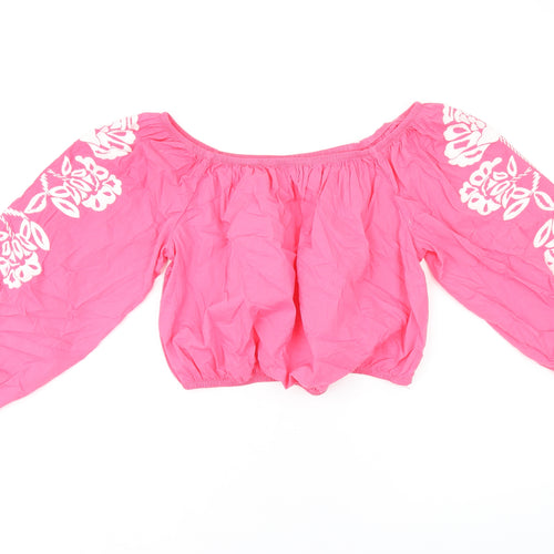 Marks and Spencer Womens Pink Floral Cotton Cropped T-Shirt Size 14 Off the Shoulder