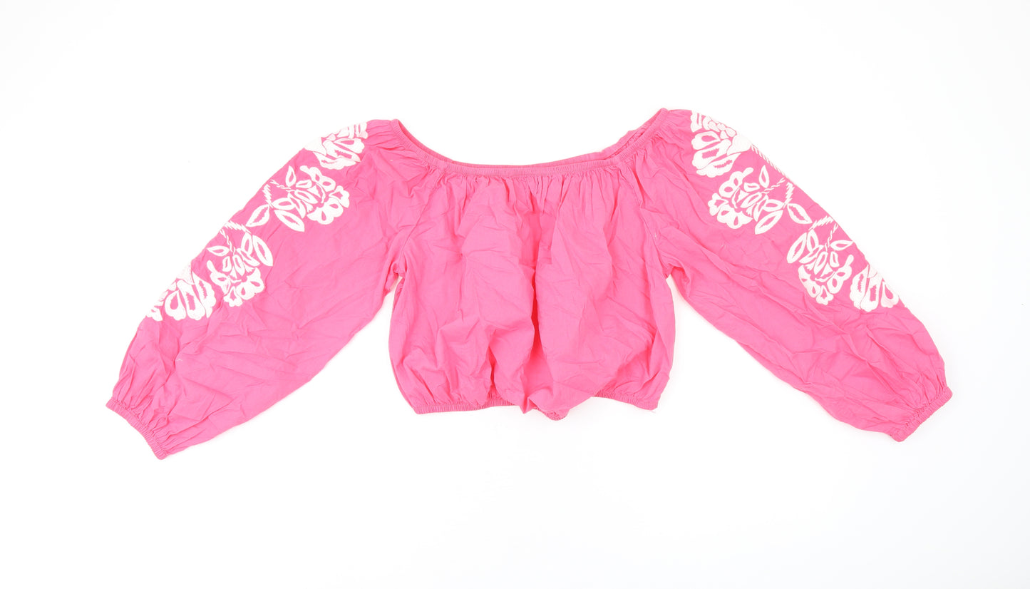 Marks and Spencer Womens Pink Floral Cotton Cropped T-Shirt Size 14 Off the Shoulder