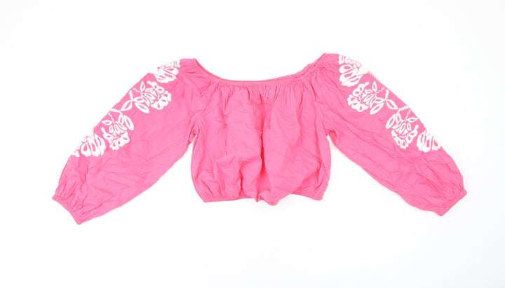 Marks and Spencer Womens Pink Floral Cotton Cropped T-Shirt Size 14 Off the Shoulder