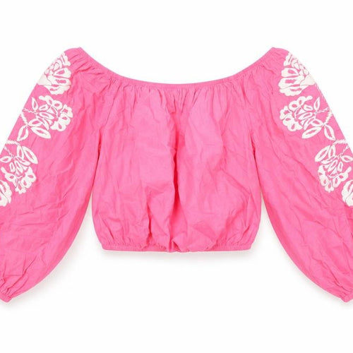 Marks and Spencer Womens Pink Floral Cotton Cropped T-Shirt Size 14 Off the Shoulder