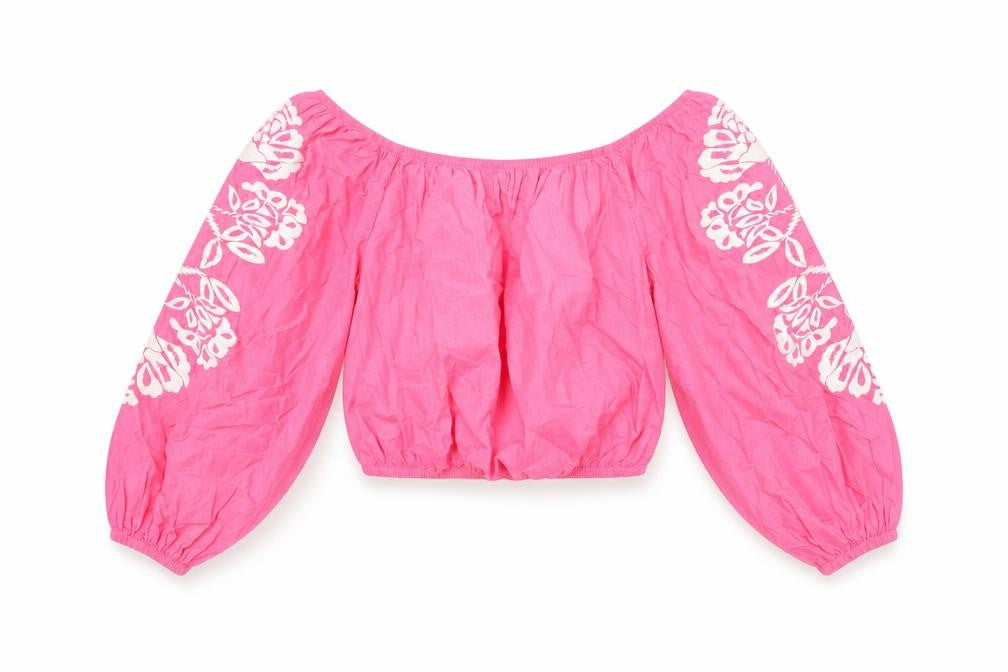 Marks and Spencer Womens Pink Floral Cotton Cropped T-Shirt Size 14 Off the Shoulder