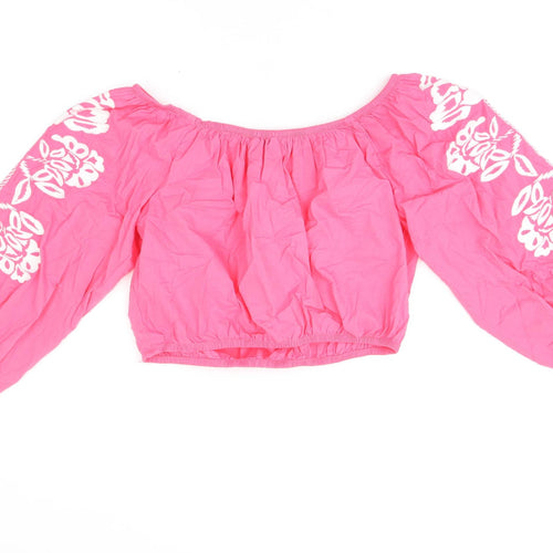 Marks and Spencer Womens Pink Floral Cotton Cropped T-Shirt Size 14 Off the Shoulder