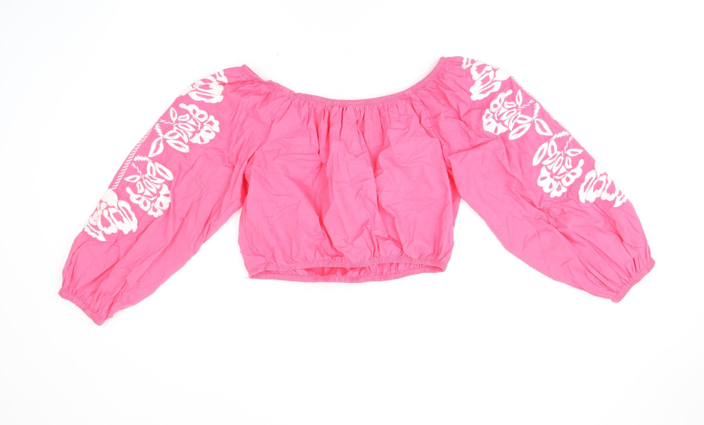 Marks and Spencer Womens Pink Floral Cotton Cropped T-Shirt Size 14 Off the Shoulder