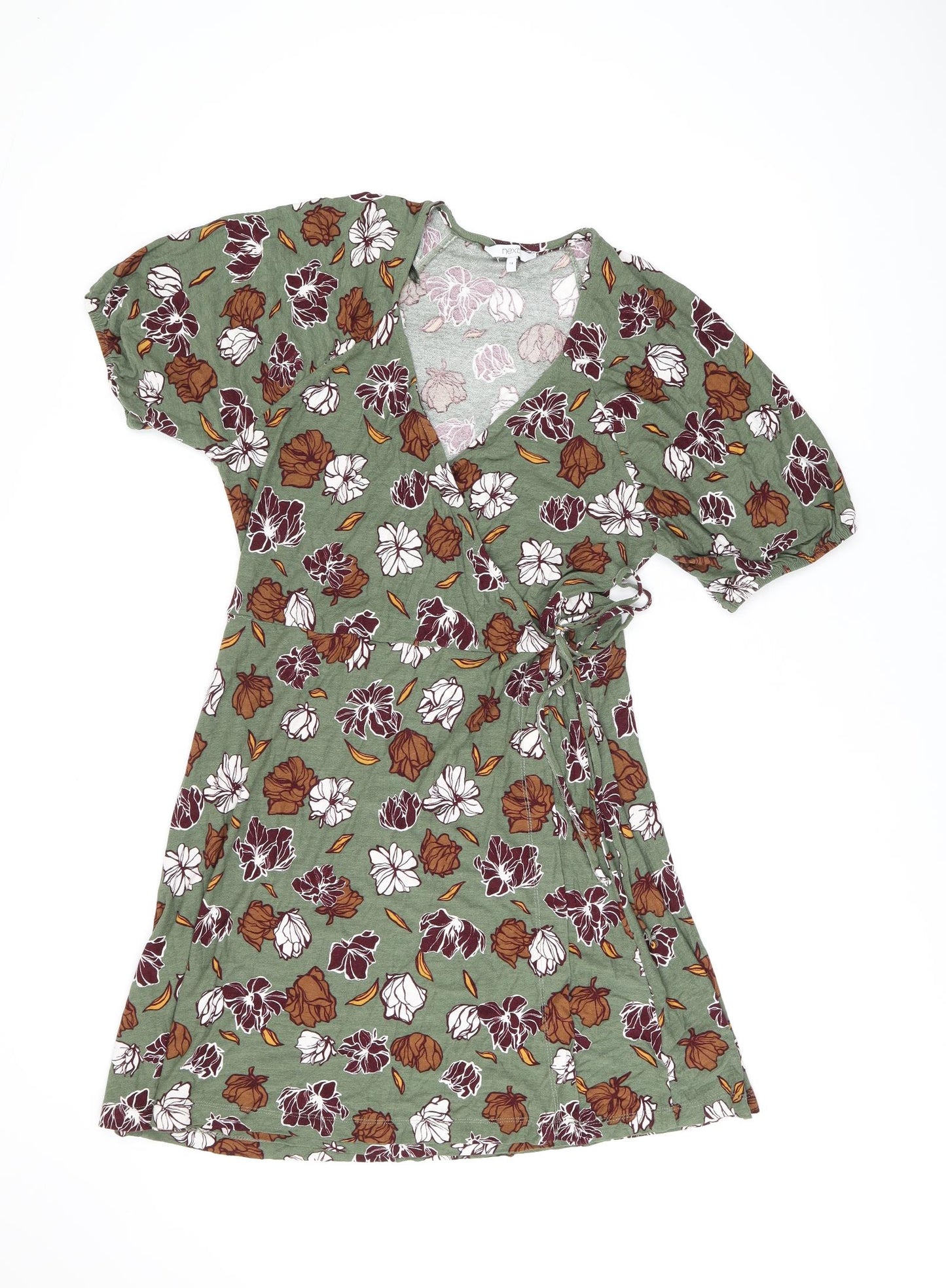 NEXT Womens Green Floral Viscose Wrap Dress Size 14 V-Neck Pullover