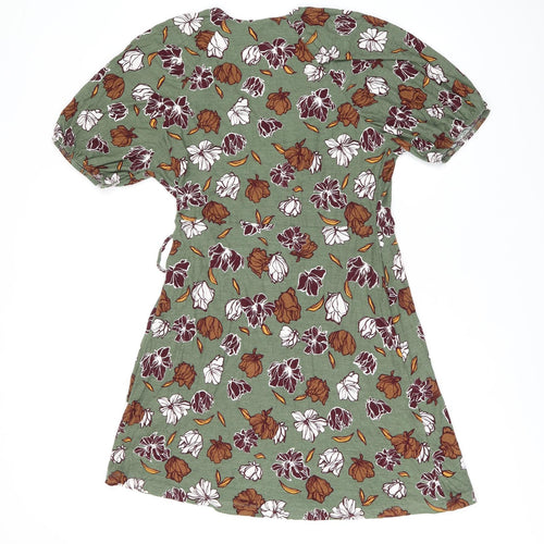 NEXT Womens Green Floral Viscose Wrap Dress Size 14 V-Neck Pullover