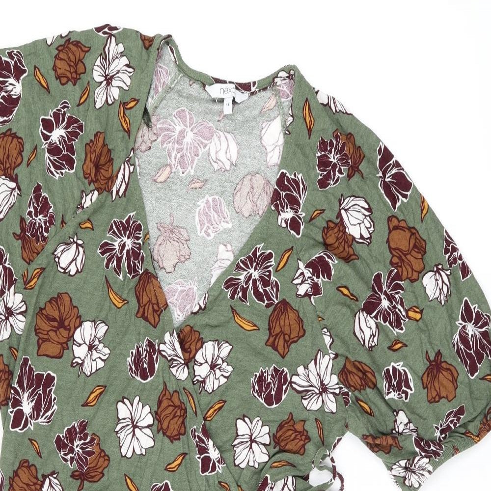 NEXT Womens Green Floral Viscose Wrap Dress Size 14 V-Neck Pullover