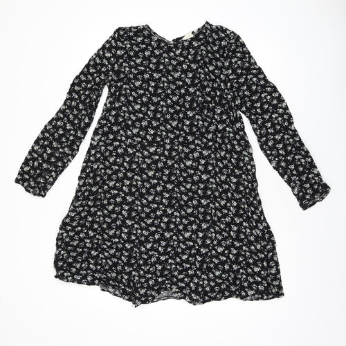 H&M Womens Black Floral Viscose Shift Size 12 Round Neck Zip