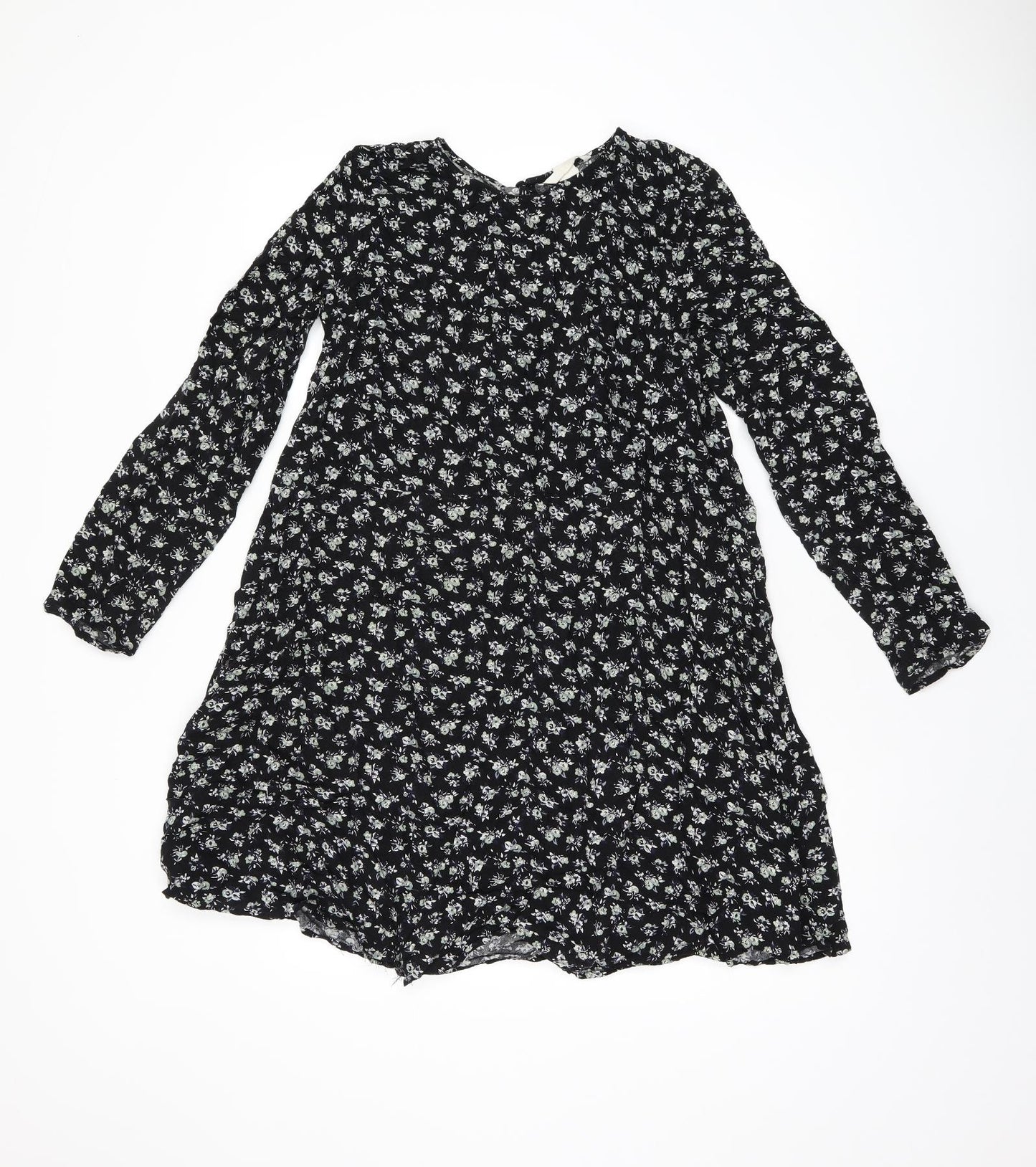 H&M Womens Black Floral Viscose Shift Size 12 Round Neck Zip