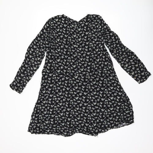 H&M Womens Black Floral Viscose Shift Size 12 Round Neck Zip
