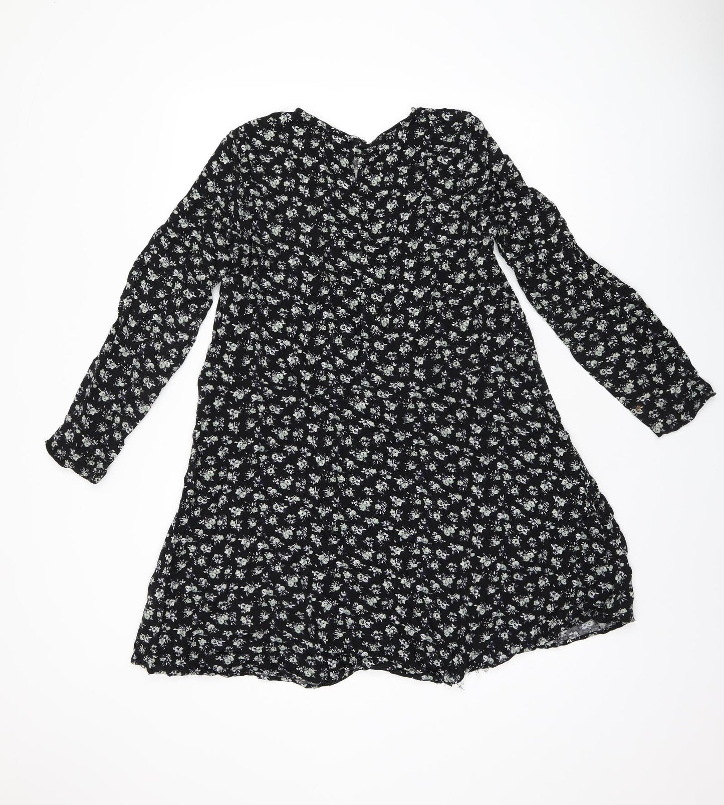 H&M Womens Black Floral Viscose Shift Size 12 Round Neck Zip