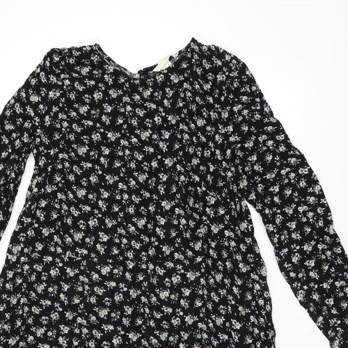 H&M Womens Black Floral Viscose Shift Size 12 Round Neck Zip