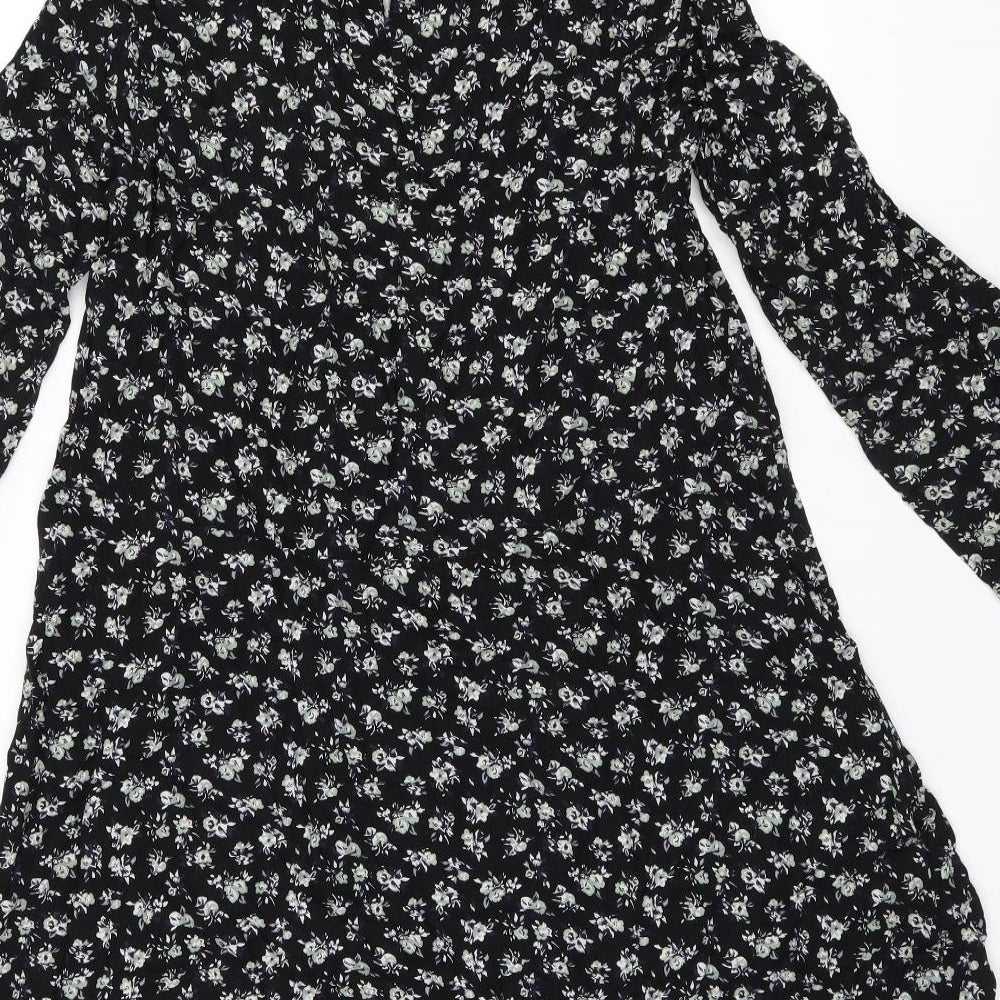 H&M Womens Black Floral Viscose Shift Size 12 Round Neck Zip