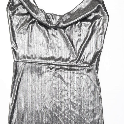 Nasty Gal Womens Silver Polyester Slip Dress Size 12 Cowl Neck Pullover - Split Hem