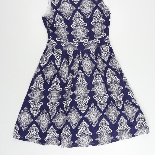 Izabel London Womens Blue Geometric Cotton Fit & Flare Size 12 Round Neck Zip