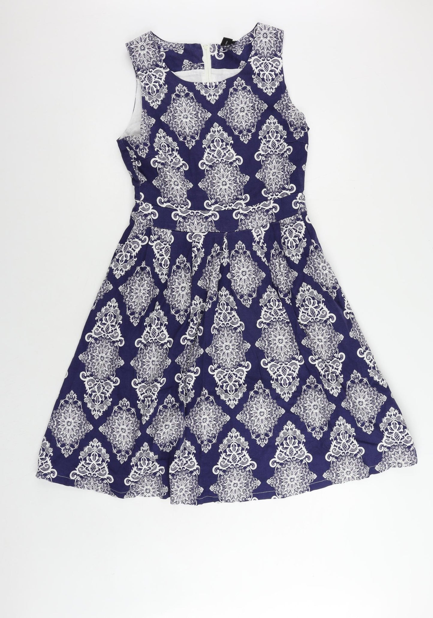 Izabel London Womens Blue Geometric Cotton Fit & Flare Size 12 Round Neck Zip