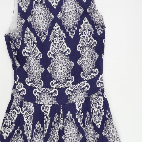 Izabel London Womens Blue Geometric Cotton Fit & Flare Size 12 Round Neck Zip