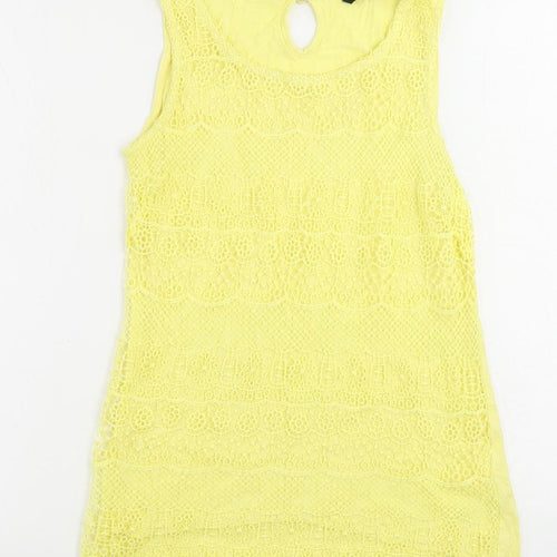 M&Co Womens Yellow Viscose Basic Tank Size 8 Boat Neck - Crochet Detail